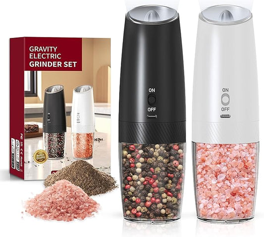 Rechargeable Salt And Pepper Grinder Set with LED Light, Automatic Electric Gravity Salt And Pepper Shakers Set, No Battery Needed, Adjustable Roughness, 2 Pack (Black&White)