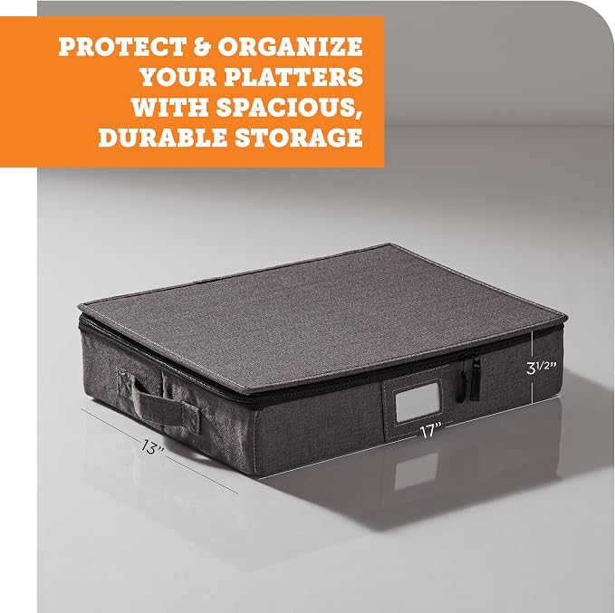 storageLAB Hard Shell Platter Storage Container | Felt Dividers | Gray | Hard shell platter case holds 4 large serving platters with felt dividers. Dual zippers, stackable, dust-free.
