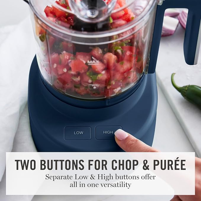Martha Stewart 3 Cup Electric Vegetable Chopper, Mini Food Processor, Navy | 24oz BPA-Free Bowl, Stainless Steel Blades, Pour Spout, Dice, Puree, Mince, Chop Vegetables & Herbs, Dishwasher-Safe Parts