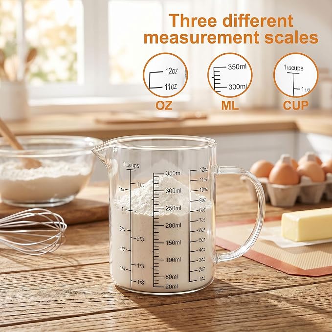 Graduated Glass Measuring Cup With Handle 350ML (12Oz, 1 1/2Cups) | High Borosilicate Liquid Measuring Cup for Baking Cooking Kitchen V-Shaped Spout Glass Measuring Beaker Easy To Read