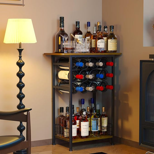 3-Tier Wine Rack Freestanding Floor Cabinet Corner Bar Cabinet Bar Cart,12 Individual Wine Storage Bottle Compartments Corner Bar Cabinet Holder,Wood + Black Frame Liquor Cabinet,Small Shelf For Homes