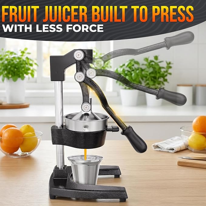 Cast Iron Juicer Hand Press, Heavy-Duty Squeezer, 304 Stainless Steel Bowl – One Pull Extracts Full Juice – Manual Citrus Press Juicer & Orange Squeezer for Lemon, Lime & Lemonade at Home Bar (Black)