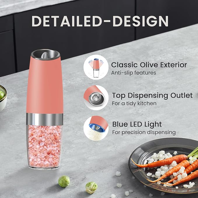 Battery Operated Salt And Pepper Grinder Set with LED Light, Automatic Electric Gravity Salt And Pepper Shakers Set, Each 6 AAA Batteries Needed, Adjustable Roughness, 2 Pack (Pink)