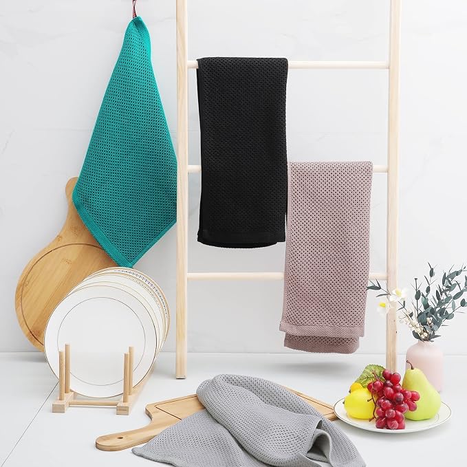 Homaxy 100% Cotton Waffle Weave Kitchen Towels, 5-Pack, Black | 13 x 28 Inches, Ultra Soft Absorbent Dish Towels, Quick Drying Cleaning Towels