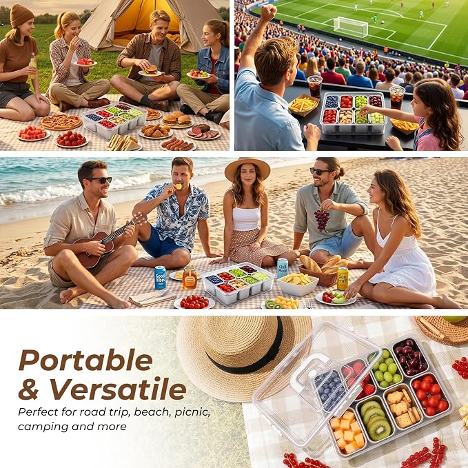 Homelove Snackle Box Container, Snack Container Divided Serving Tray with 8-Compartment Snack Platter, Lid and Handle, Food Organizer for Outdoor Travel Party Beach Picnic