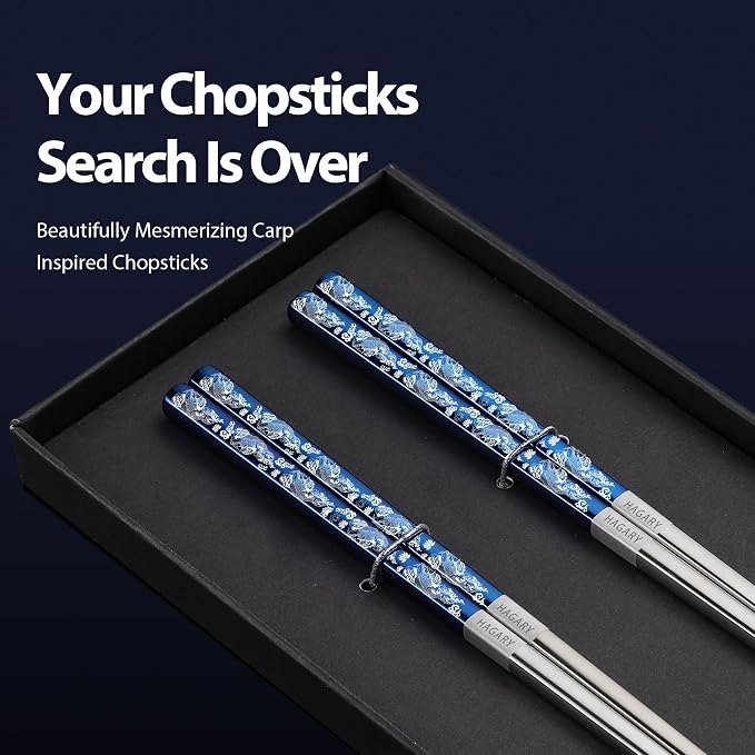 Hagary Carp Reusable Chopsticks Square Metal Stainless Steel 316 18/10 Non-Slip Dishwasher Safe Designed In Korea Japanese Style (Blue - 2 Pairs)