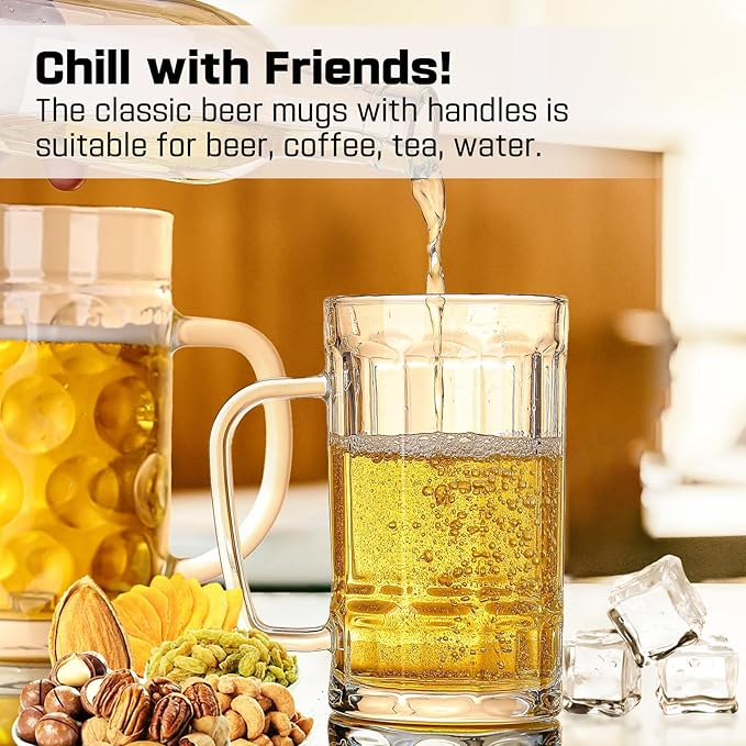 Freezer Beer Mugs, 20 oz Large Heavy Glass Mugs with Handles Set of 2, Clear Large Beer Steins for Tea, Coffee Glasses Oktoberfest Style for Dad Husband or Friend