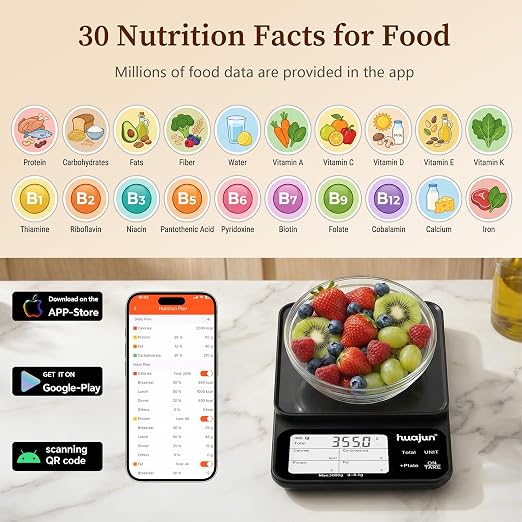 Smart Food Scale with Bluetooth Nutrition Calculator, 0.1g High Precision Digital Kitchen Scale Track 30 Nutrients Calorie Macro, Custom Diet Goals, Barcode Scan 11lb for Meal Prep Weight Loss Keto