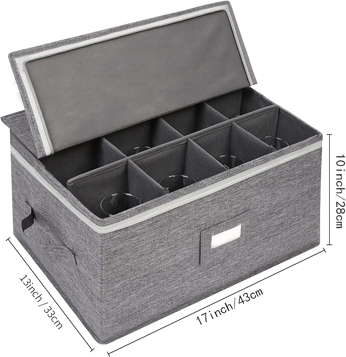 popoly Stemware Storage Containers (2 pack), Wine Glass Storage Box with Dividers for Glassware or Crystal, Holds 12 Red or White Wine Glasses, Hard Top and Stackable (Grey) | Glassware Storage Containers Holds 24 Red, White Wine Glasses or Crystal, St...