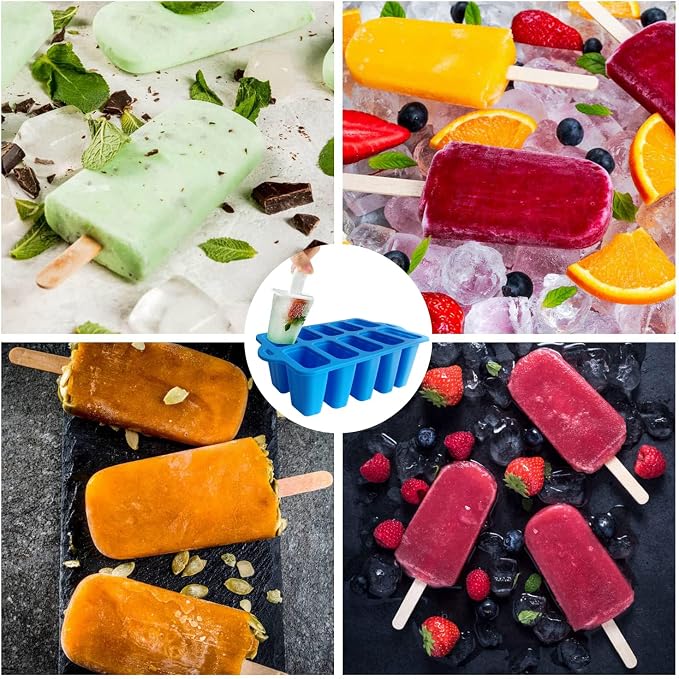 Silicone Popsicle Molds with Sticks, Easy Release Popsicle Maker Mold Set, BPA Free Ice Pop Mold, 10-Cavity Homemade Ice Cream Mold for Kids, Toddlers, Adults