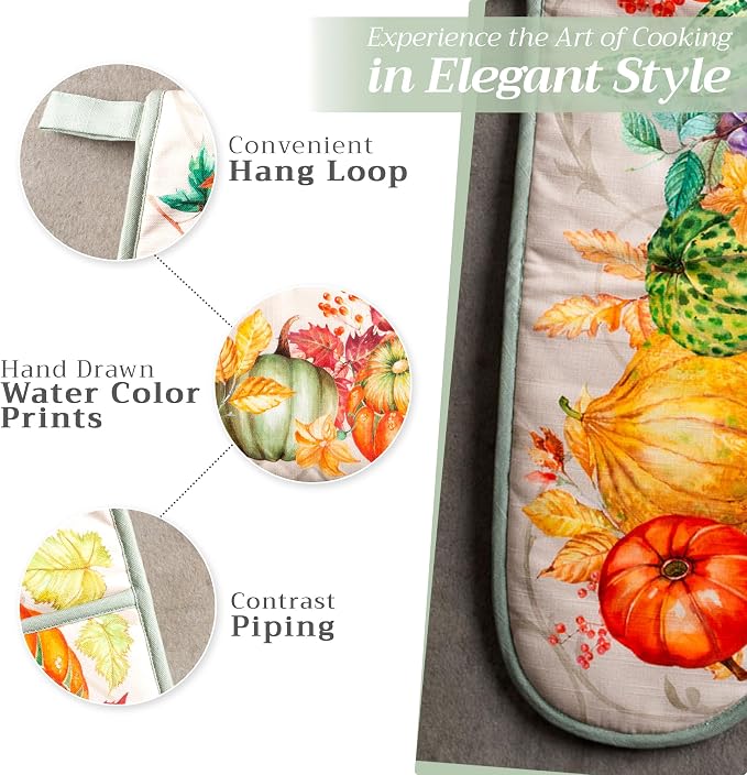 Maison d' Hermine Double Oven Mitts 100% Cotton Double Oven Glove (7"x35") | Heat Resistant BBQ Cooking Gloves with Loop Baking Kitchen Home Hotel Farmhouse Thanksgiving Christmas - Lumina