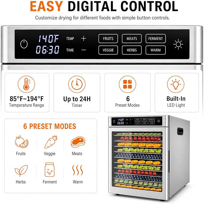 12-Tray Commercial Food Dehydrator | stainless steel jerky maker fruit dryer herbal drying machine large capacity food preserver digital dehydrator