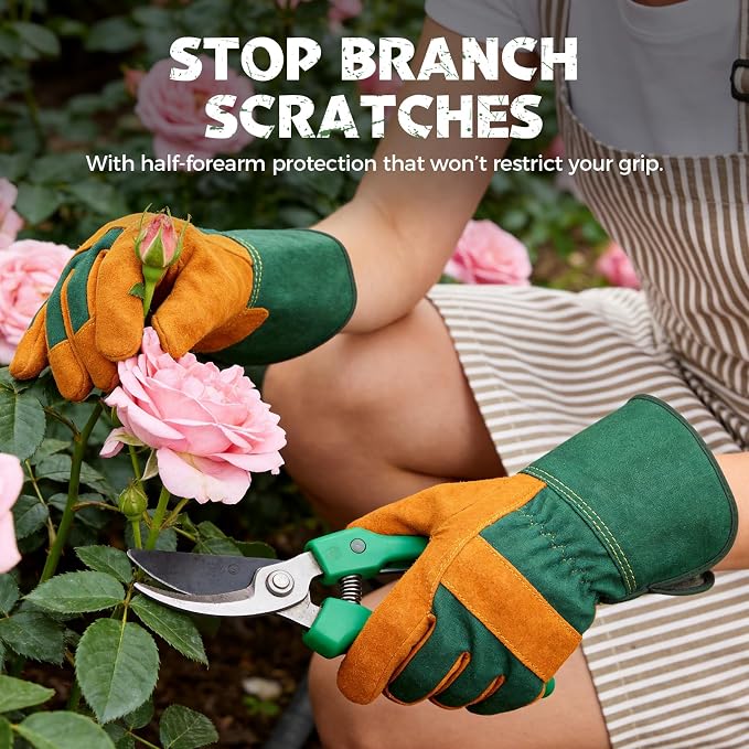 Hovico Gardening Gloves, Rose Pruning Gloves for Men & Women, Breathable Cowhide Leather Gauntlet, Best Garden Gifts & Tools for Gardener