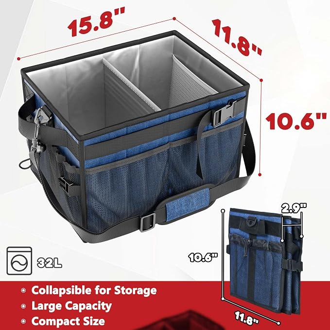 Grill Caddy, Foldable BBQ Caddy with Paper Towel Holder, Blue | 11 Compartments, Easy-Clean Aluminum Interior, 1680D Oxford Fabric, Water-Resistant, Shoulder Strap Included, Tailgating