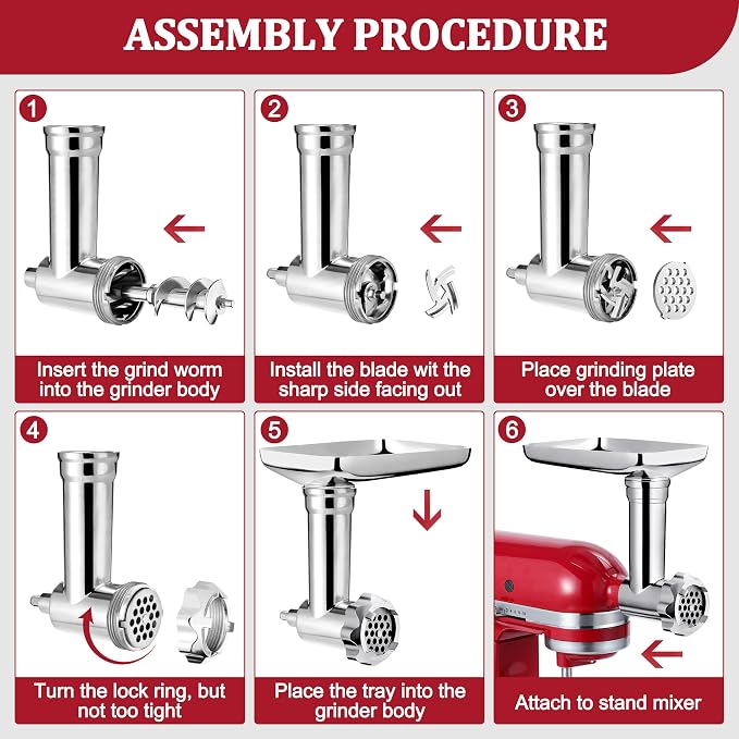 Premium Metal Food Grinder Attachment for KitchenAid Stand Mixers, Precision Meat Grinder & Sausage Stuffer Tubes Kit with Abundant Accessories, Food-Safe Alloy Mixer Attachments (Hand Wash Only)