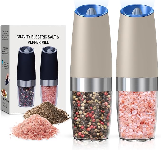 Battery Operated Salt And Pepper Grinder Set with LED Light, Automatic Electric Gravity Salt And Pepper Shakers Set, Each 6 AAA Batteries Needed, Adjustable Roughness, 2 Pack (Khaki)