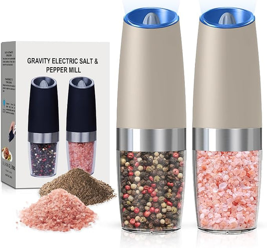 Battery Operated Salt And Pepper Grinder Set with LED Light, Automatic Electric Gravity Salt And Pepper Shakers Set, Each 6 AAA Batteries Needed, Adjustable Roughness, 2 Pack (Khaki)
