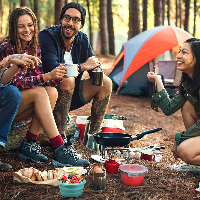 4 Pcs Collapsible Bowls with Lids Silicone Camping Food Storage Container Expandable Folding Salad Lunch Box Travel Container for Hiking Camping