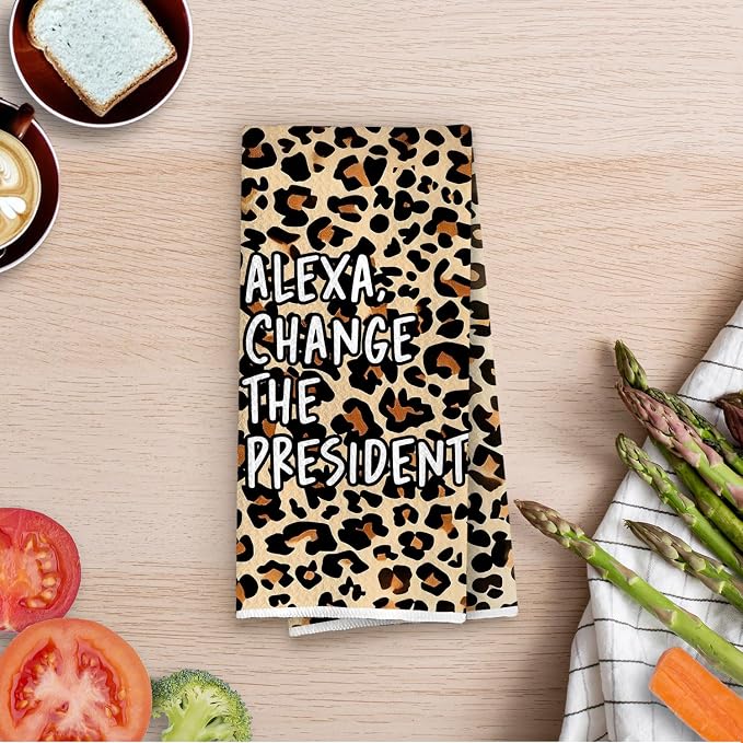 Funny Political Kitchen Towels - Change The President Waffle Weave Dish Towels, Funny Kitchen Bathroom Decor, House Warming Gifts, Changing Towel, 16×24 Inches- Leopard