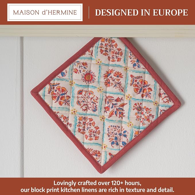 Maison d' Hermine Pot Holders 100% Cotton Potholders (8" x 8", Pack of 1) | Heat Resistant Hot Pads with Loop BBQ Cooking Baking Hotel Kitchen Handling Hot Pans Thanksgiving Christmas - Romane
