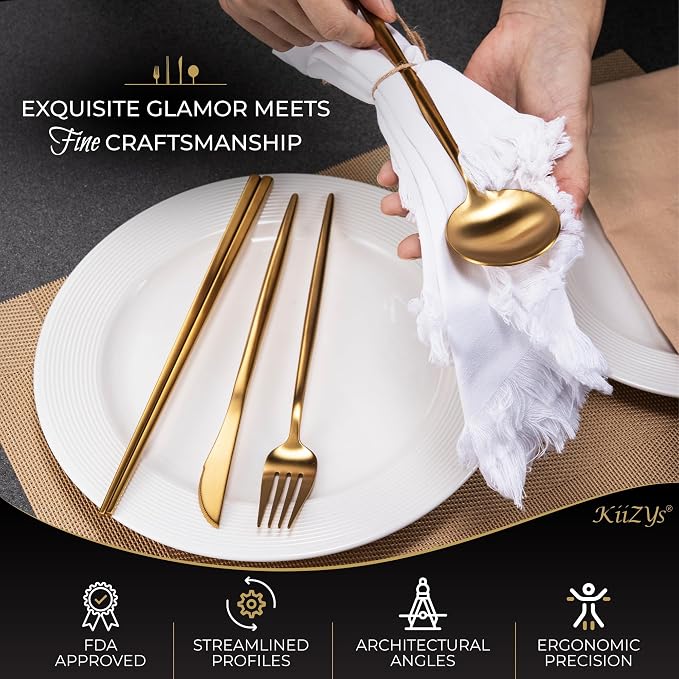 KiiZYs Matte Gold Silverware Set Cutlery Set - 14-piece 18/10 Stainless Steel Flatware Utensil Set - Korean Chopsticks Fork Spoon Knife - Reusable Dishwasher Safe - Gift Box (Gold, Service for 2)