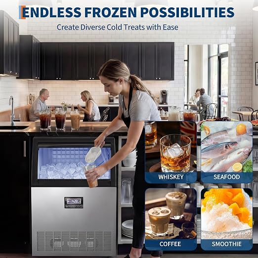 Commercial Ice Maker Machine 250lbs/24h, 60lbs Storage, 50 Ice Cubes/15 Mins, Adjustable Thickness, Built-in/Freestanding Ice Maker Self-Cleaning ETL Certified for Home Bar Restaurant