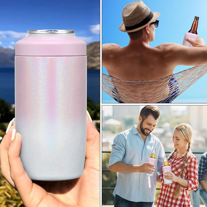 MAXSO Slim Can Cooler, 4-in-1 Double Walled Stainless Steel Insulated Beer Can Holder, Works With All 12 Oz Cans,Bottles & As A Pint Cups - Gradual Pink White