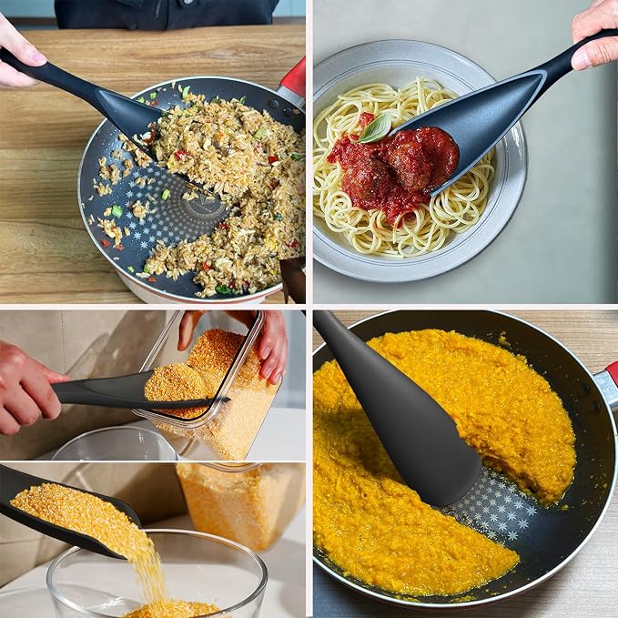 Cooking Spoon and Rice Scooper Set for Nonstick Cookwares, Heat Resistant- Seamless Design, Great for Cooking, Serving, Mixing, Scoop, and Scrape,2 Pack, Black