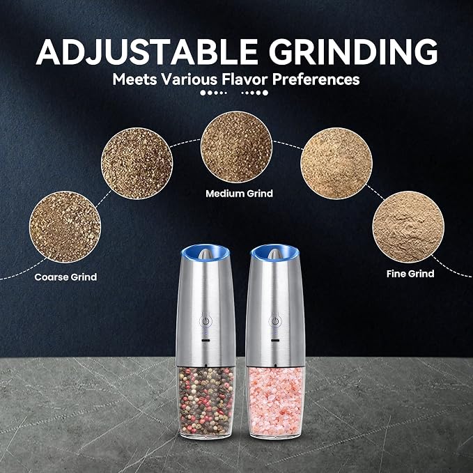 UNNEES Rechargeable Electric Salt and Pepper Grinder set of 2, gravity electric salt and pepper grinder set, Adjustable Roughness, LED Light, 2 Pack, (Silver)
