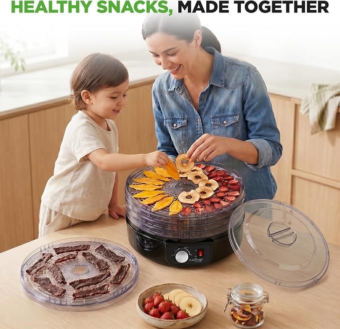 Nutrichef Electric Countertop Food Dehydrator | Professional Multi-Tier Food Preserver | Dehydrate Fish, Beef Jerky, Meats, Mushrooms, Fruits & Vegetables | 5 Stackable Trays for Easy Cleaning