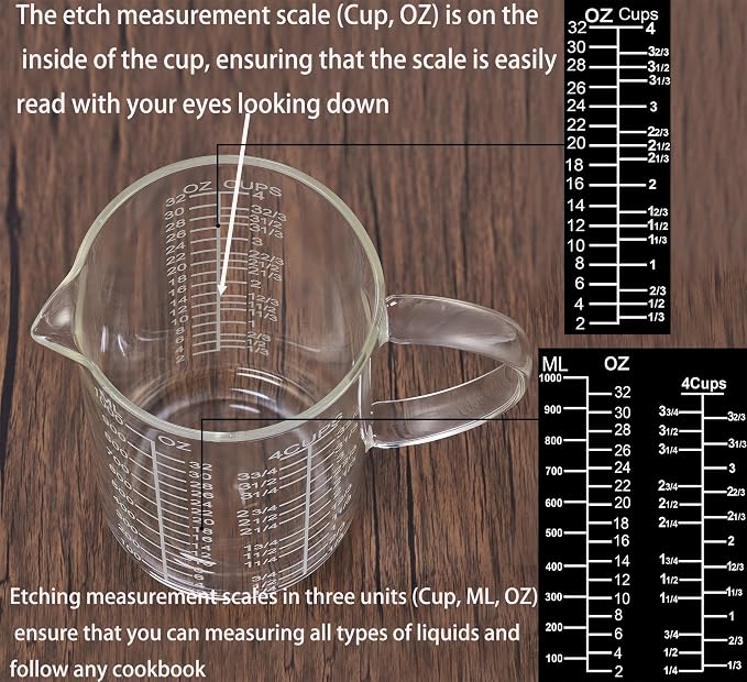 Ackers Mirror Etching Scale Glass Measuring Cup-[Insulated handle | V-Shaped Spout]-Made of High Borosilicate Glass Measuring Cup for Kitchen or Restaurant, Easy to Read, 1000 ML (32 Oz, 4 Cup)