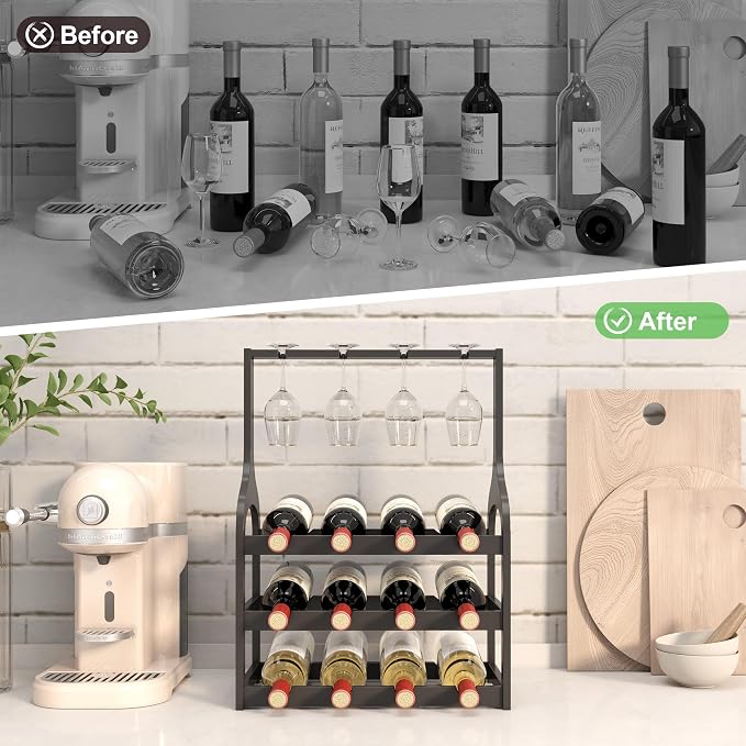 Bamboo Wine Rack Countertop, Small Free Standing Racks Tabletop Display | 12 Wine Bottles and 4 Glass Holder | Wooden Wine Storage Organizer Shelves for Kitchen Bar, Cellar, & Dining Room | Black