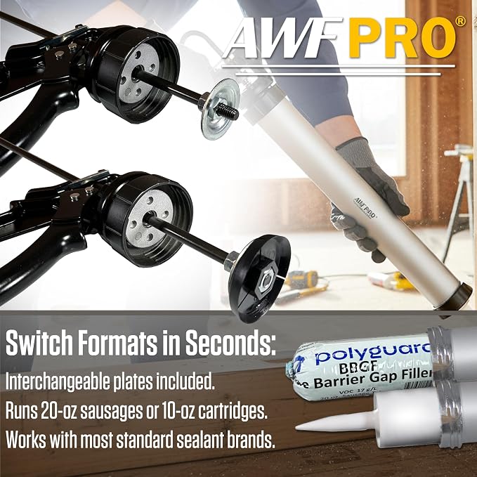 AWF PRO Sausage Caulking Gun 20 oz, 18:1 Thrust Ratio, Pack of 12 | 20 oz Foil Pack and 10 oz Cartridge Convertible, Aluminum Barrel, Includes 3 Tips