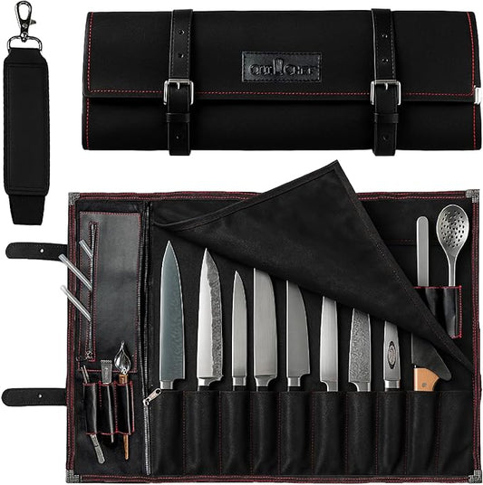 OuiChef Chef Knife Bag for 10 Knives & Utensils - Waxed Canvas & Vegan Leather - Travel Knife Case with Straps - Professional Chef Roll Bag