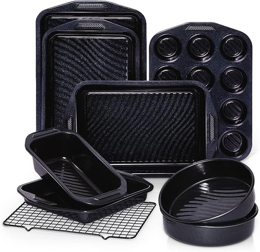 HONGBAKE 9-Piece Baking Pans Set with Wave Texture, 0.8mm Thick Bakeware Sets Non Stick, Includes Stackable Cookie Sheets for Oven Cooking, Cake Pan, Muffin Pan, Loaf Pan, Roasting Pan, Rack, Blue