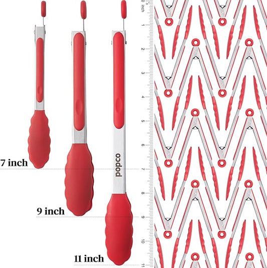 Popco 3-Piece Kitchen Tongs Set – Stainless Steel Heat Resistant Silicone Tips, Strong Comfort Grip, 3 Sizes (7, 9, 12 Inch), Non-Scratch, Dishwasher Safe, for Cooking, BBQ, Salad