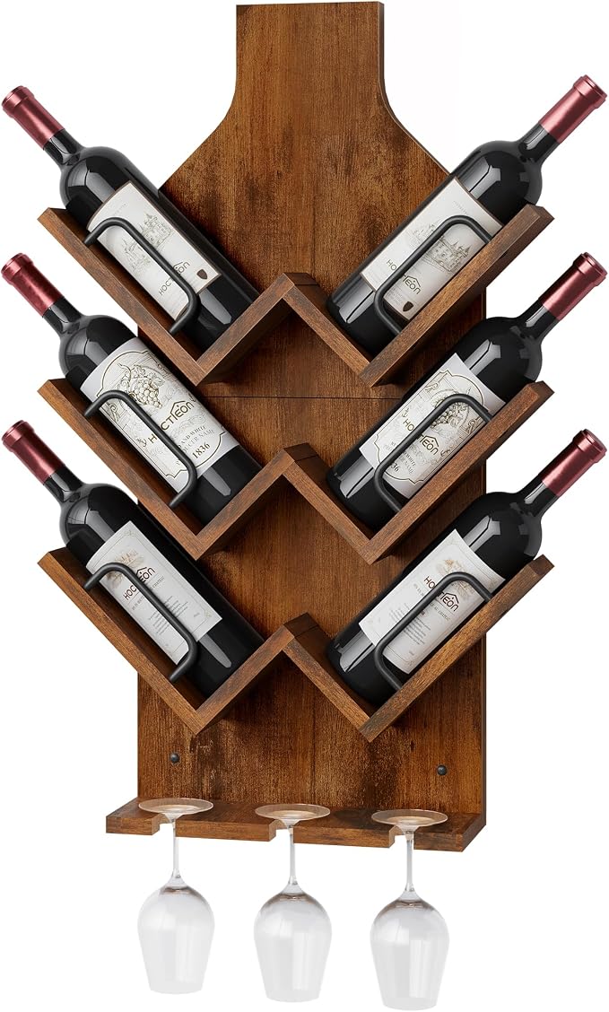 Hoctieon Wine Rack Wall Mounted, 6 Bottles Wood Wine Rack for Display and Storage, Hanging Bottle Holder Bar Shelves for Living Room, Kitchen, Dining Room, Wine Cellar, Rustic Brown