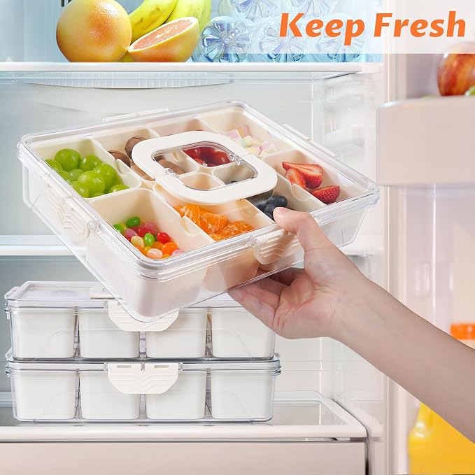 2Pack Snackle Box Containers Dishwasher Safe Divided Serving Tray with Lid | Charcuterie Board for Portable Snack Platters, Clear Organizer with Handle for Fruits Snacks, Perfect for Road Travel
