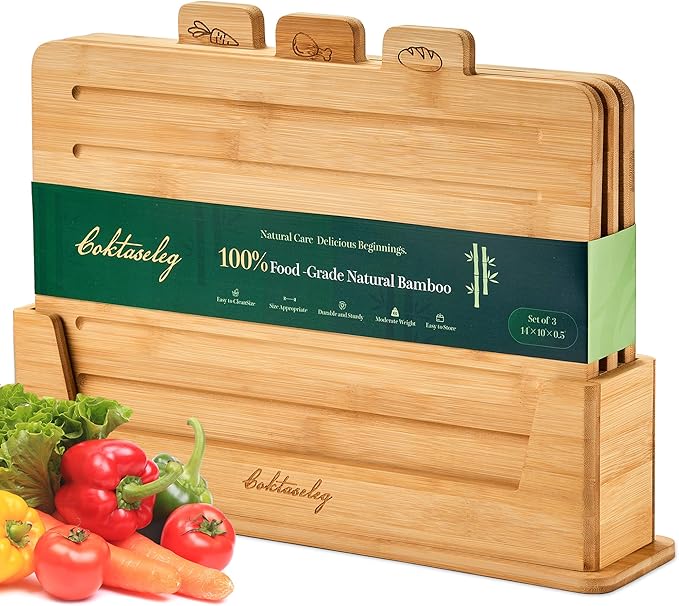 Bamboo Cutting Boards for Kitchen Set of 3, Large 14’’ x 10’’ with Holder, Wooden Cutting Board with Juice Groove & Labels for Meat Vegetables Bread