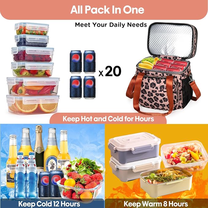 Expandable Lunch Box Cooler Bag - Insulated Soft Lunch Bag for Men Women - Large Lunchbox for Adults Work Camping Outdoor Travel Leopard 16L