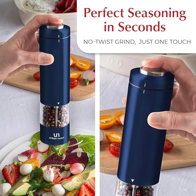 Urban Noon Electric Salt and Pepper Grinder Set (2 Mills, 8.1" Tall) - One-Handed Push-Button Mills with LED Light, Adjustable Ceramic Coarseness, Gift-Ready Box, 1-Year Warranty - Blue