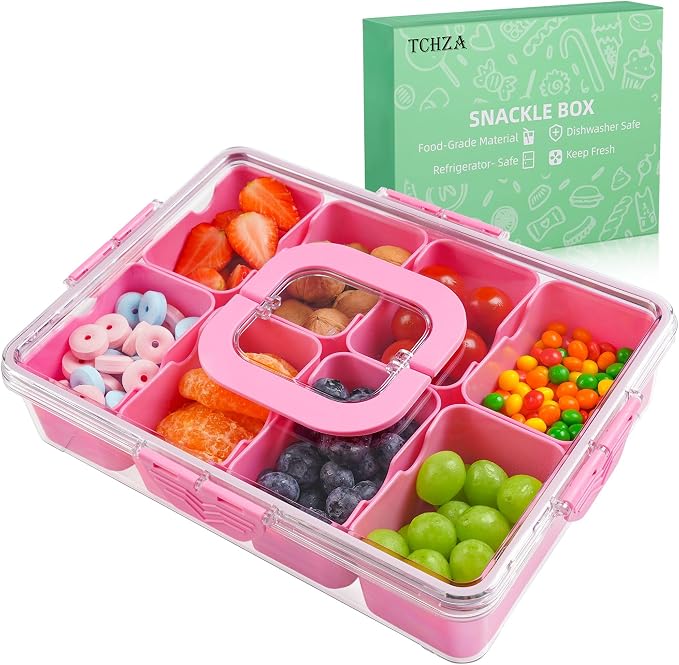 Snackle Box Container Dishwasher Safe Divided Serving Tray with Lid Handle | Charcuterie Board for Portable Snack Platters, Organizer for Fruits Snacks, Perfect for Road Travel - Pink