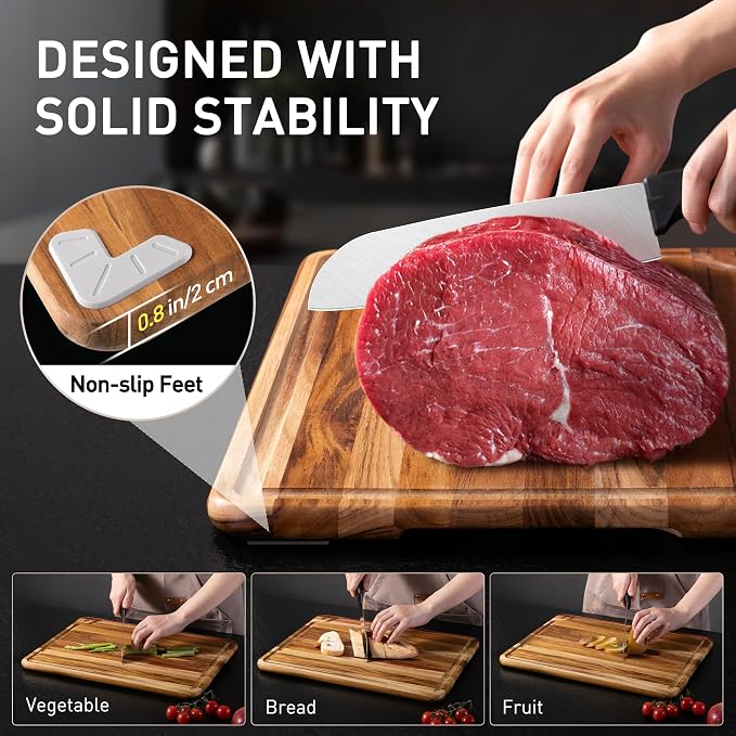 3 Pack Teak Wood Cutting Board Set for Kitchen Charcuterie Board Serving Heavy Duty Non Toxic Slip Over Sink Solid Thick Haus Wooden Chopping Board Large Big Small Meat Best Kitchen Mother Gift