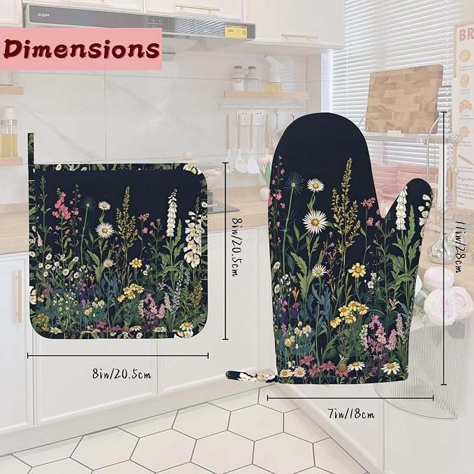 Wildflower Spring Floral Garden Flowers Oven Mitts and Pot Holders (4PCS),Heat Resistant Non-Slip Silicone Kitchen Gloves for Cooking, Baking, BBQ Waterproof Kitchen Accessories