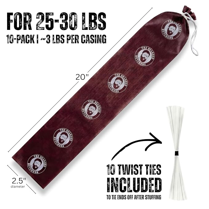 Bearded Butchers Summer Sausage Casings, 2.5" x 20" Mahogany Fibrous Casings (10-Pack) – Great for Summer Sausage, Salami & Bologna Skins – Holds 25-30lbs Total, Non-Edible – Includes 10 Twist Ties