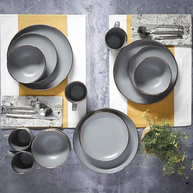 Gibson Home Rockaway Round Dinnerware, Service for 4 (16pcs), Grey/Gold Rim