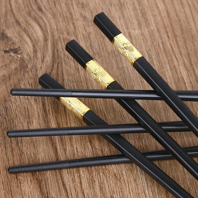 10 Pairs Non-Slip Fiberglass Chopsticks, Reusable Chopsticks Gift Set Dishwasher Safe, Easy to Use and Clean, Square Lightweight for Home Kitchen, Hotel, Restaurant Dining Tools, Black and Gold