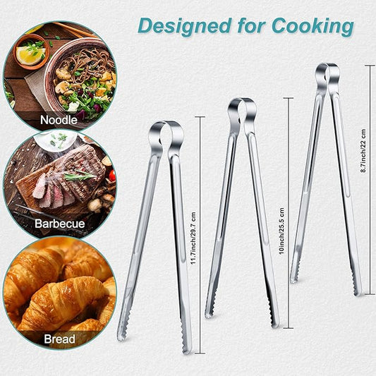 Chengu 3 Pieces 8.7 Inch,10inch,11.7inch Kitchen Tongs Set Stainless Steel Tongs Buffet Tongs Metal Utility Cooking Tong for Cooking Serving Barbecue Thanksgiving Halloween Christmas