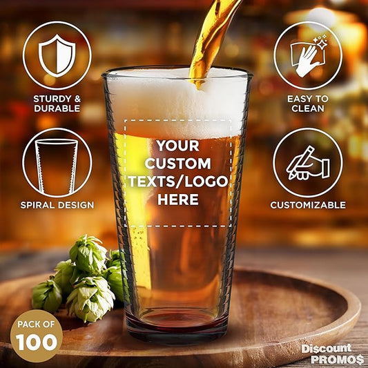 Custom Spiral Pint Glass 16 oz. Set of 100, Personalized Bulk Pack - Beer Glasses, Heavy Duty Drinkware - Red