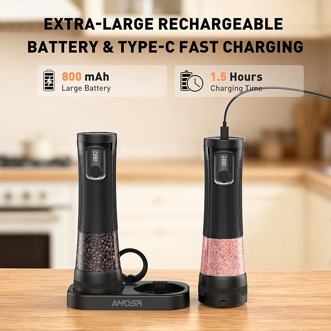 Electric Salt and Pepper Grinder Set, Upgrade 2-Speed Setting, External 5 Adjustable Coarseness, Rechargeable Automatic Salt & Pepper Shakers Mill with Battery Display, Storage Base & Led Light, Black